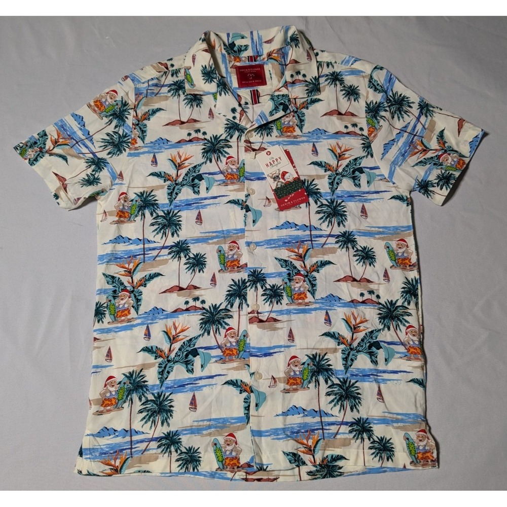 DENIM & FLOWER Santa Claus Hawaiian Beach Surfing Men Medium Ivory Shirt NEW - Picture 11 of 14